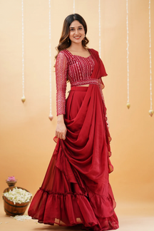 Anamika – Designer Maroon Ruffled Lehenga with Stone-Worked Blouse & Organza Dupatta