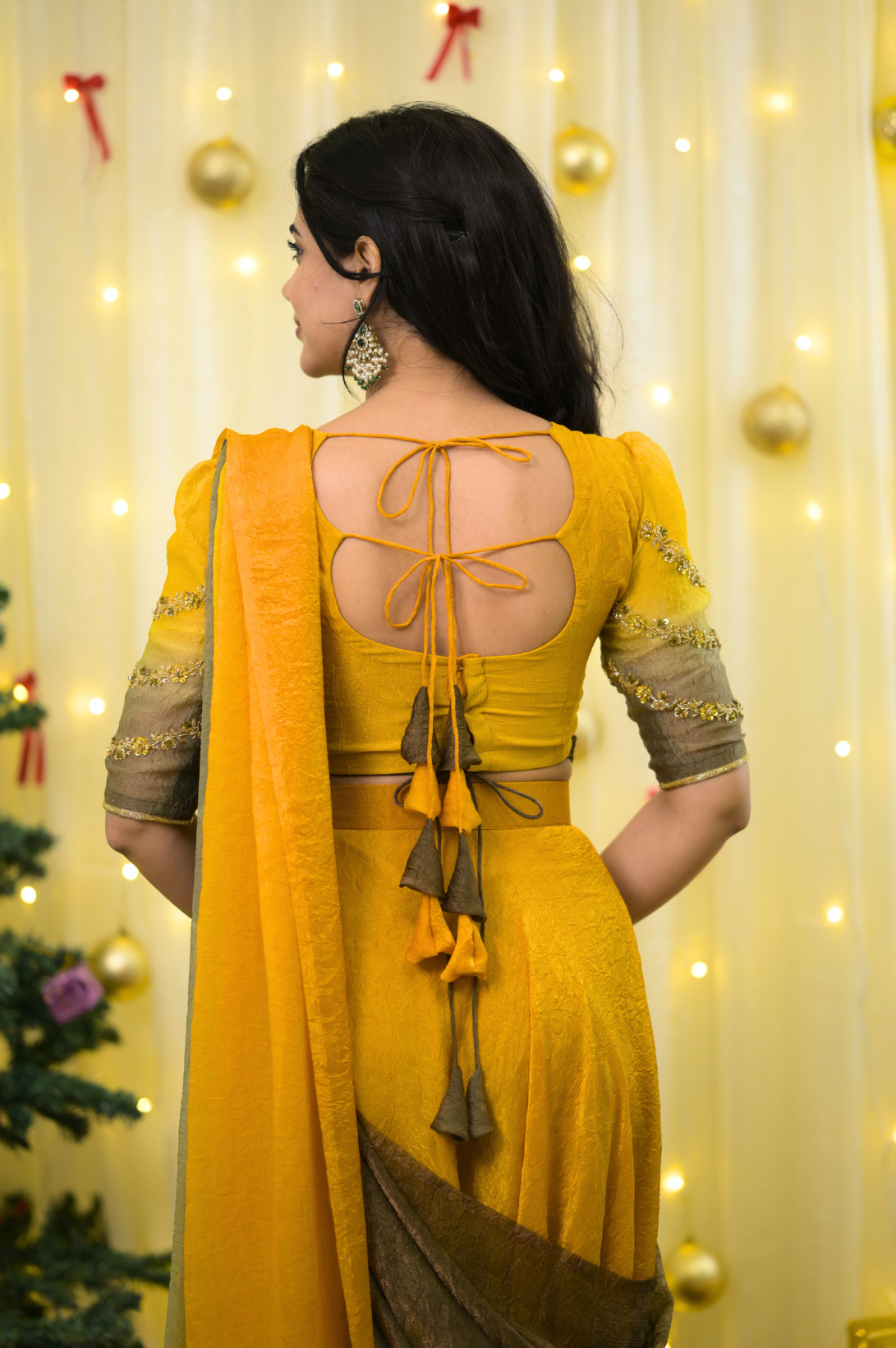 Manjal – Premium Designer Drape Ombre Lehanga | Mustard to Olive Green