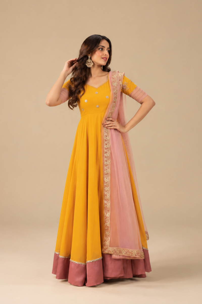 Aaruvi Premium Yellow & Baby Pink Designer Anarkali for Festive Occasions