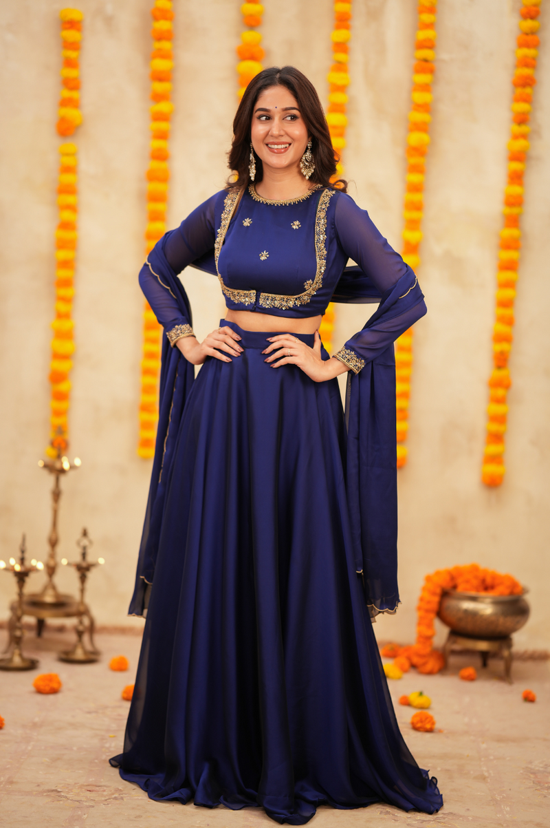 Vishu Collection Navy Blue Designer Lehenga – 3 in 1 Party Wear Outfit