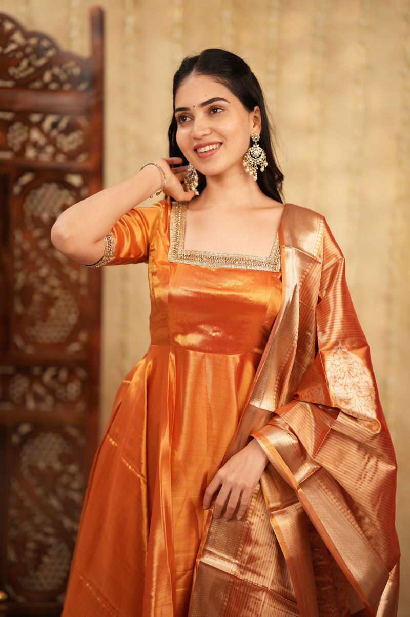 Radha Series 2 – Premium Designer Anarkali Set in Pastel Pink & Gold | Tissue Fabric & Banarasi Dupatta