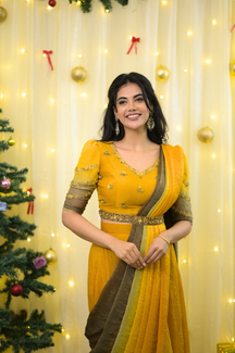 Manjal – Premium Designer Drape Ombre Lehanga | Mustard to Olive Green