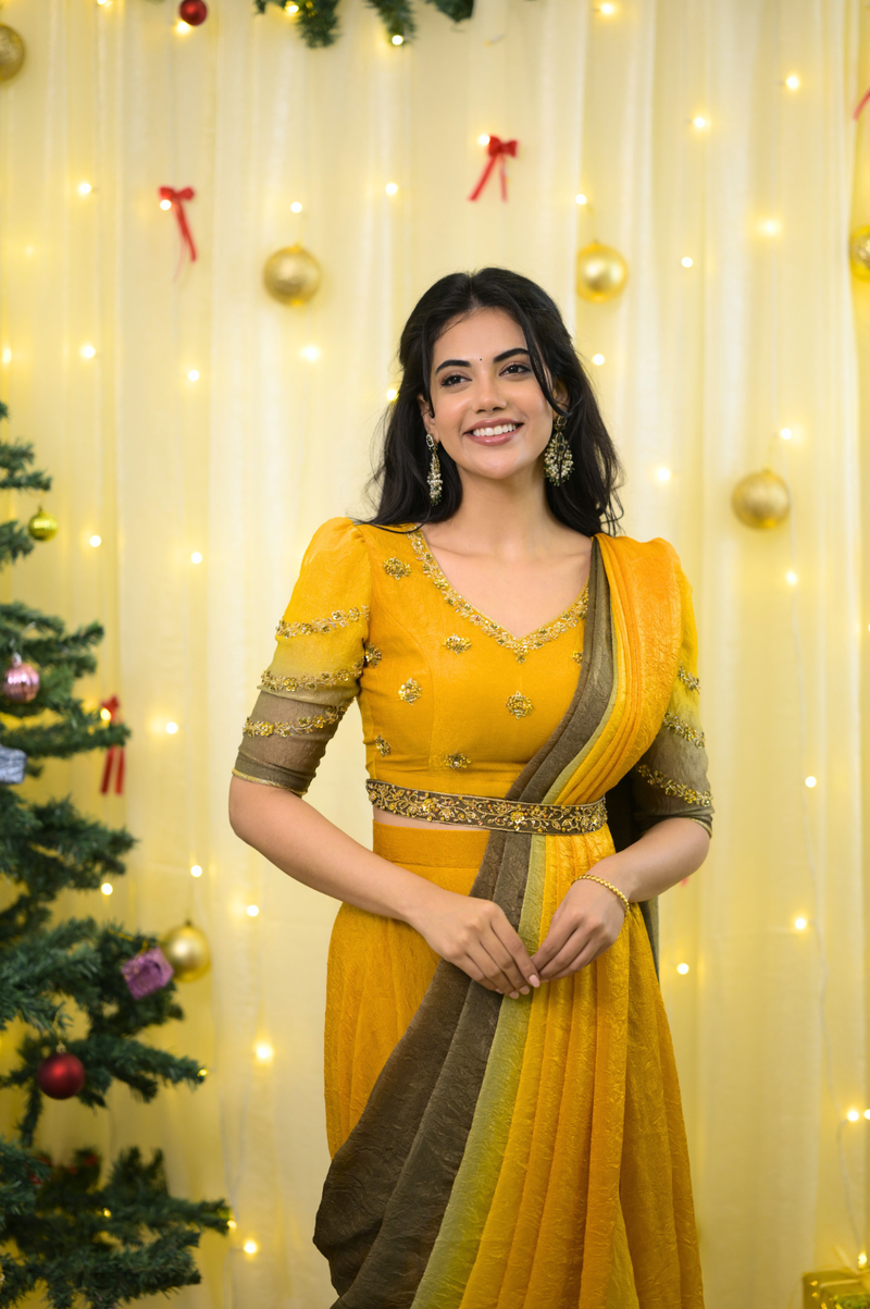 Manjal – Premium Designer Drape Ombre Lehanga | Mustard to Olive Green