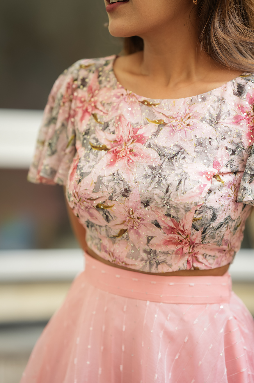 Niram – Elegant Chiffon Crop Top & Gotta Net Lehenga Set