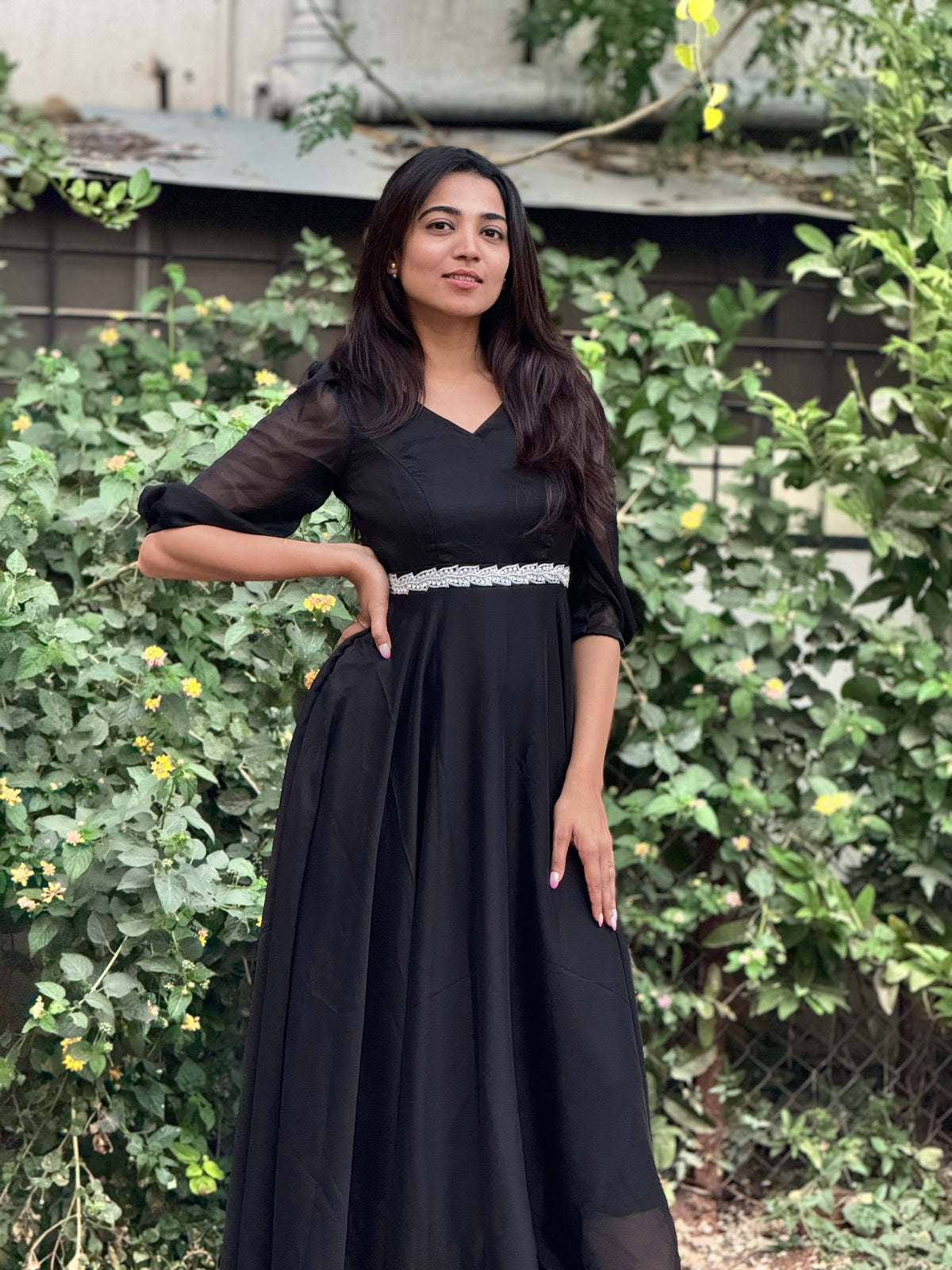 Dipti | Black Party Wear Gown for Women with Aari Belt