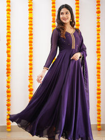 Tiyara – Dark Violet Hand-Embroidered Full Worked Georgette Anarkali with Dupatta
