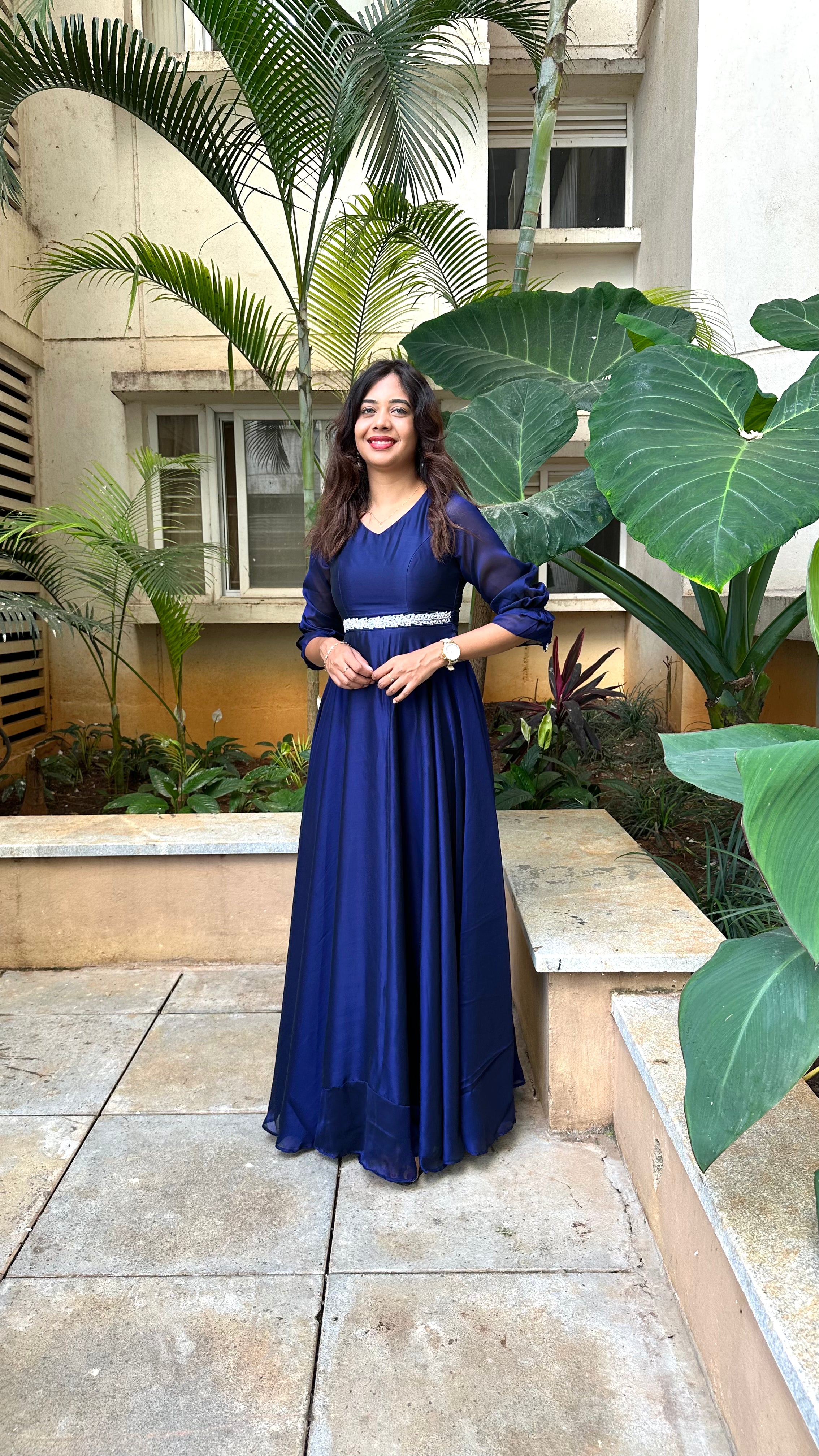 Jashna - Navy blue glassy georgette gown
