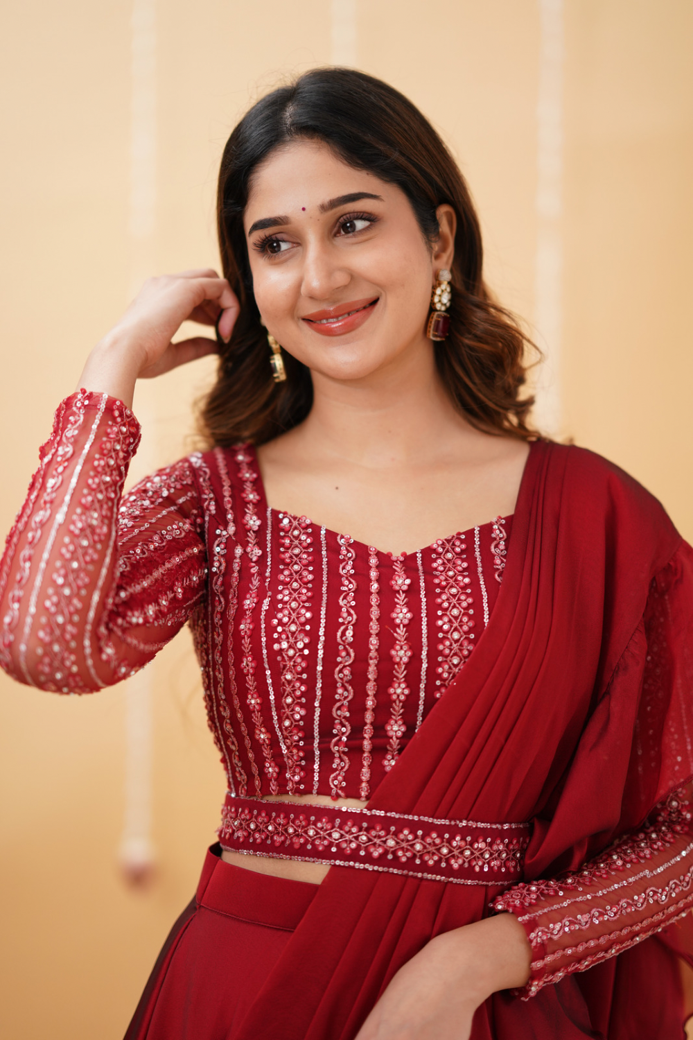 Anamika – Designer Maroon Ruffled Lehenga with Stone-Worked Blouse & Organza Dupatta