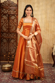 Radha Series 2 – Premium Designer Anarkali Set in Pastel Pink & Gold | Tissue Fabric & Banarasi Dupatta