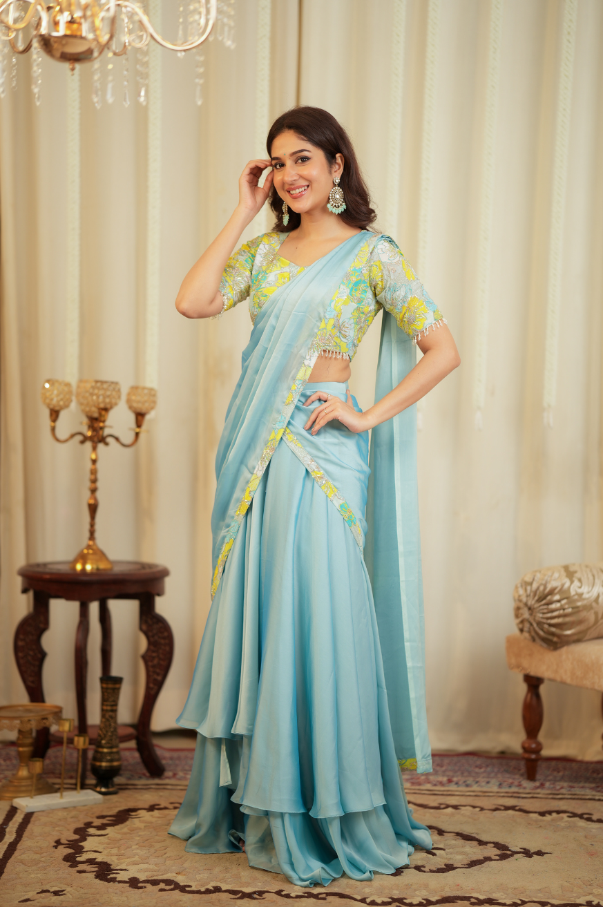 premium designer lehenga online pastel blue and yellow with embroidery