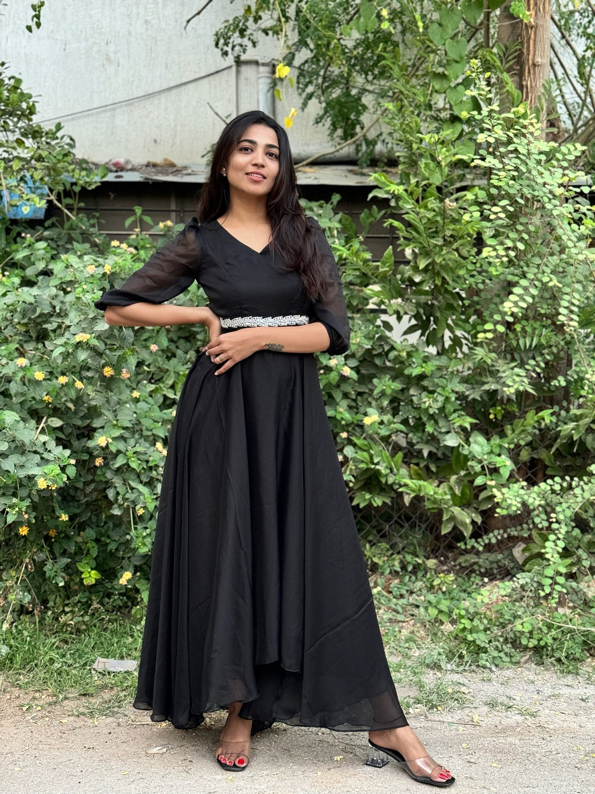 Dipti | Black Party Wear Gown for Women with Aari Belt