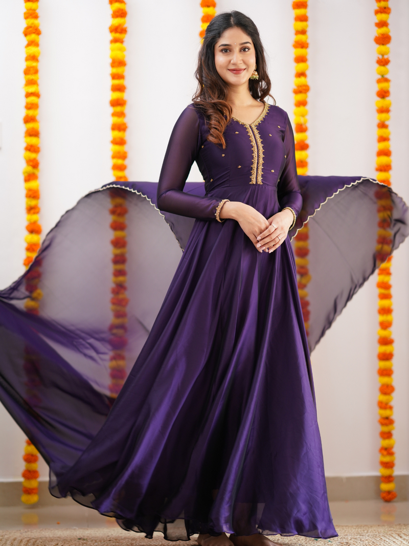 Tiyara – Dark Violet Hand-Embroidered Full Worked Georgette Anarkali with Dupatta