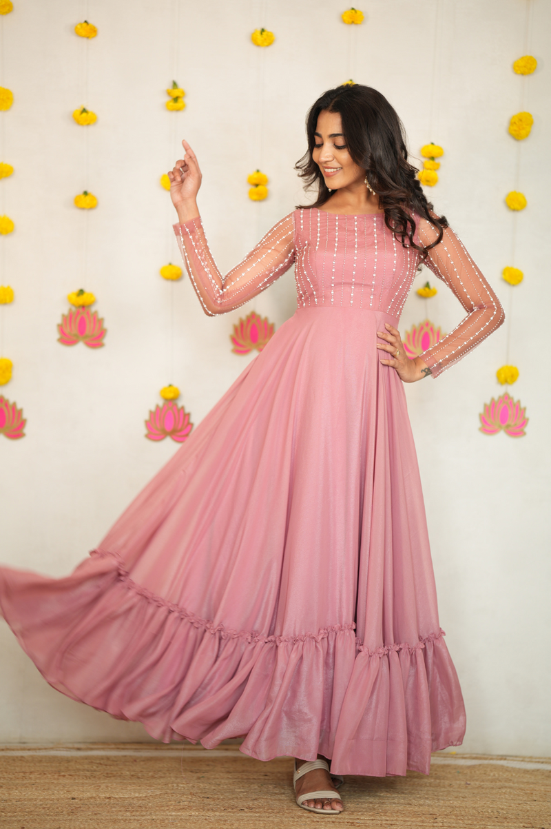 Vinai – Designer Party-Wear Gown | Pink Cutbead Handwork