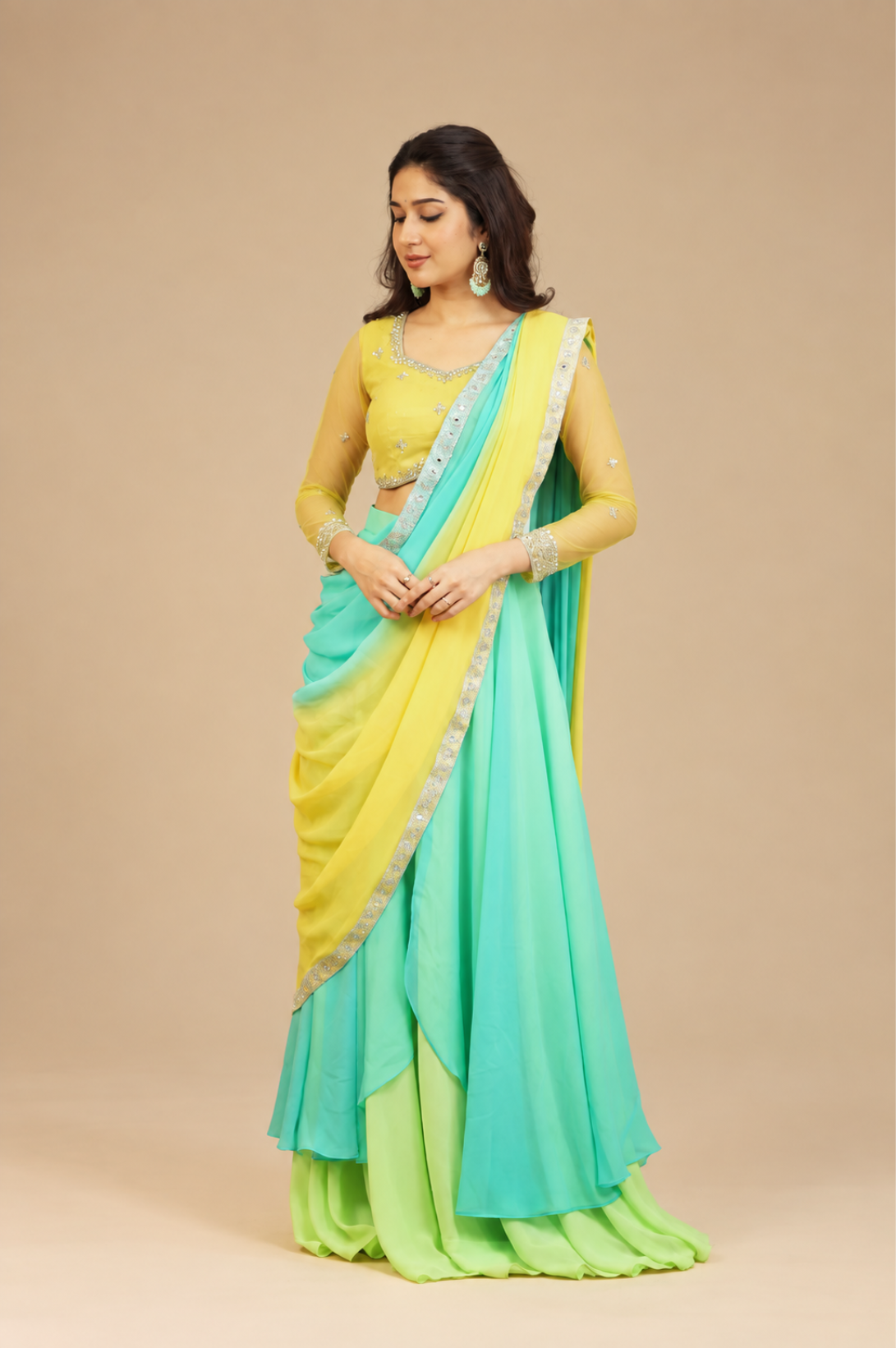 Kamali Collection 
Premium Designer 3 palette Ombre Lehanga/ Saree