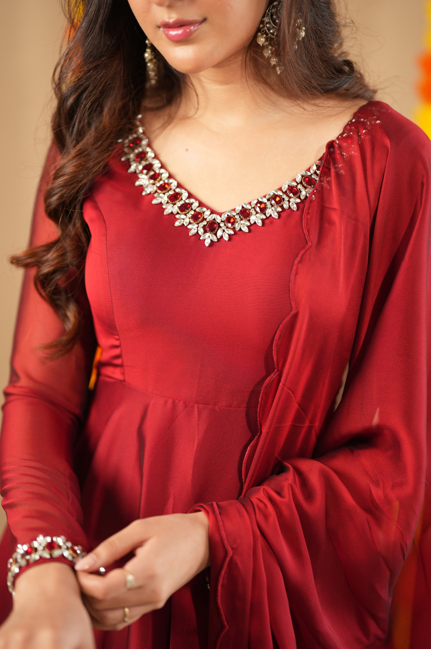 Srija- jewel neck embroidery Anarkali