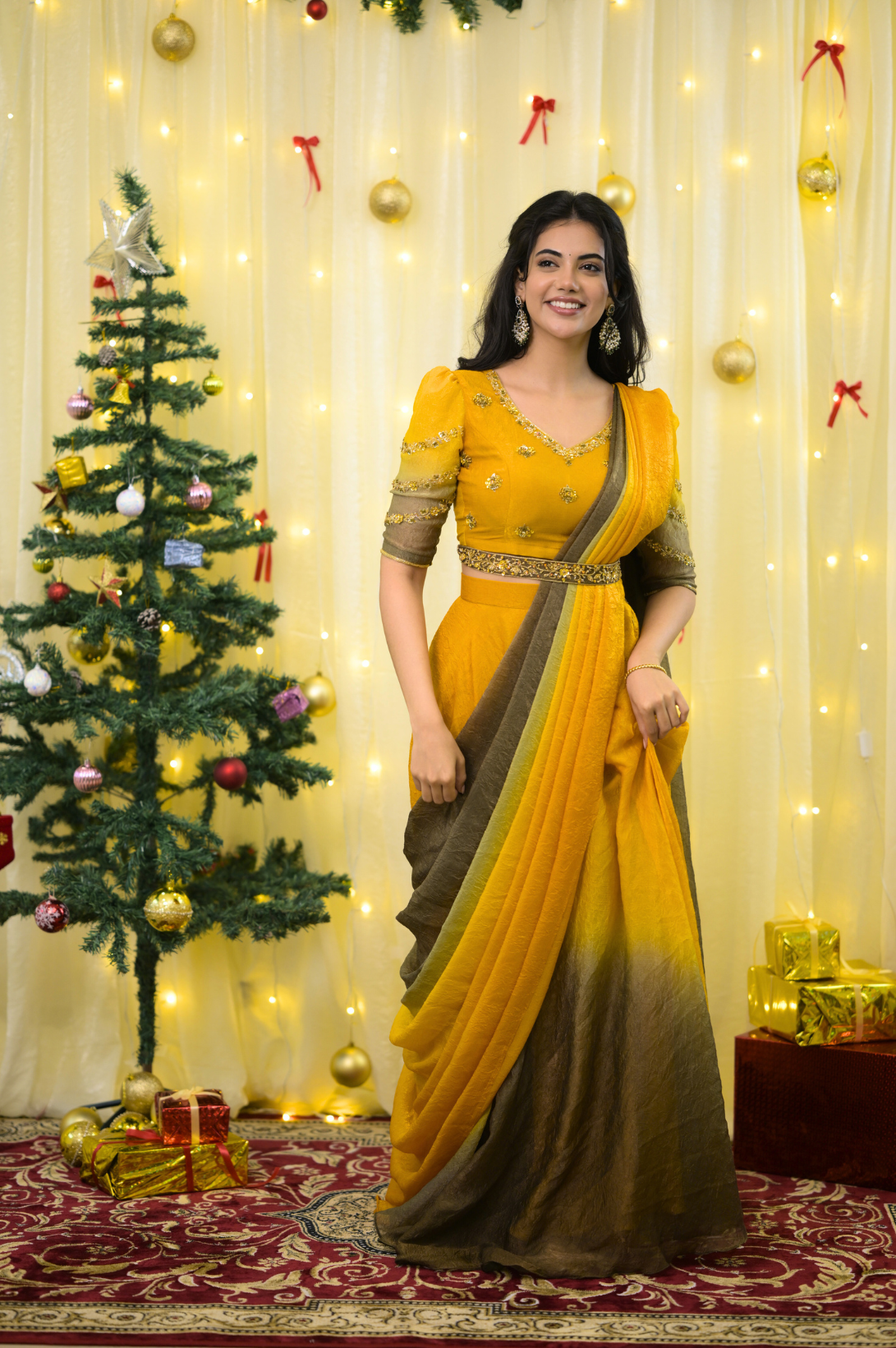 Manjal – Premium Designer Drape Ombre Lehanga | Mustard to Olive Green