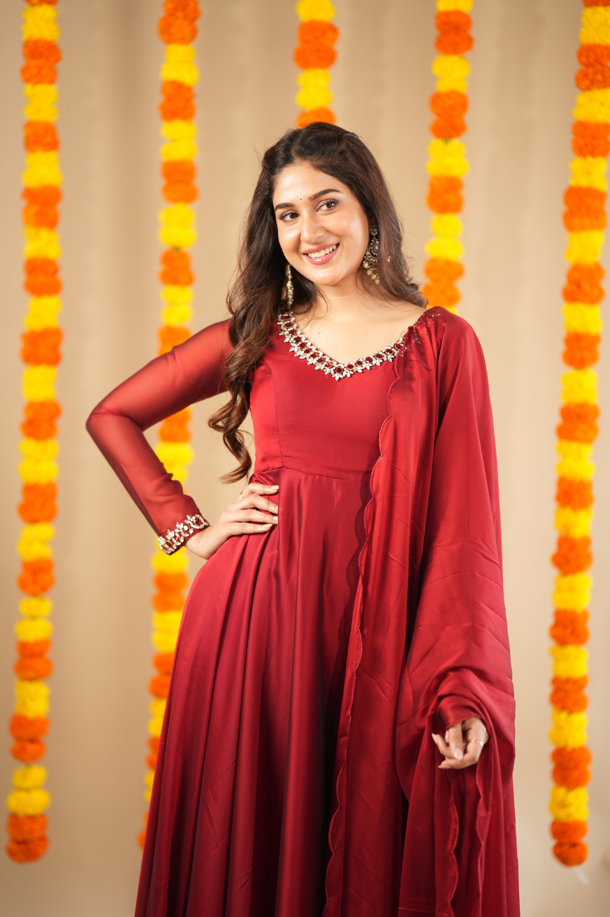 Srija- jewel neck embroidery Anarkali