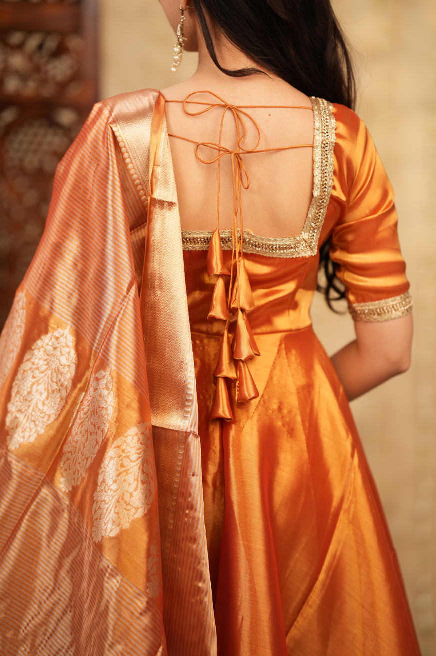 Radha Series 2 – Premium Designer Anarkali Set in Pastel Pink & Gold | Tissue Fabric & Banarasi Dupatta