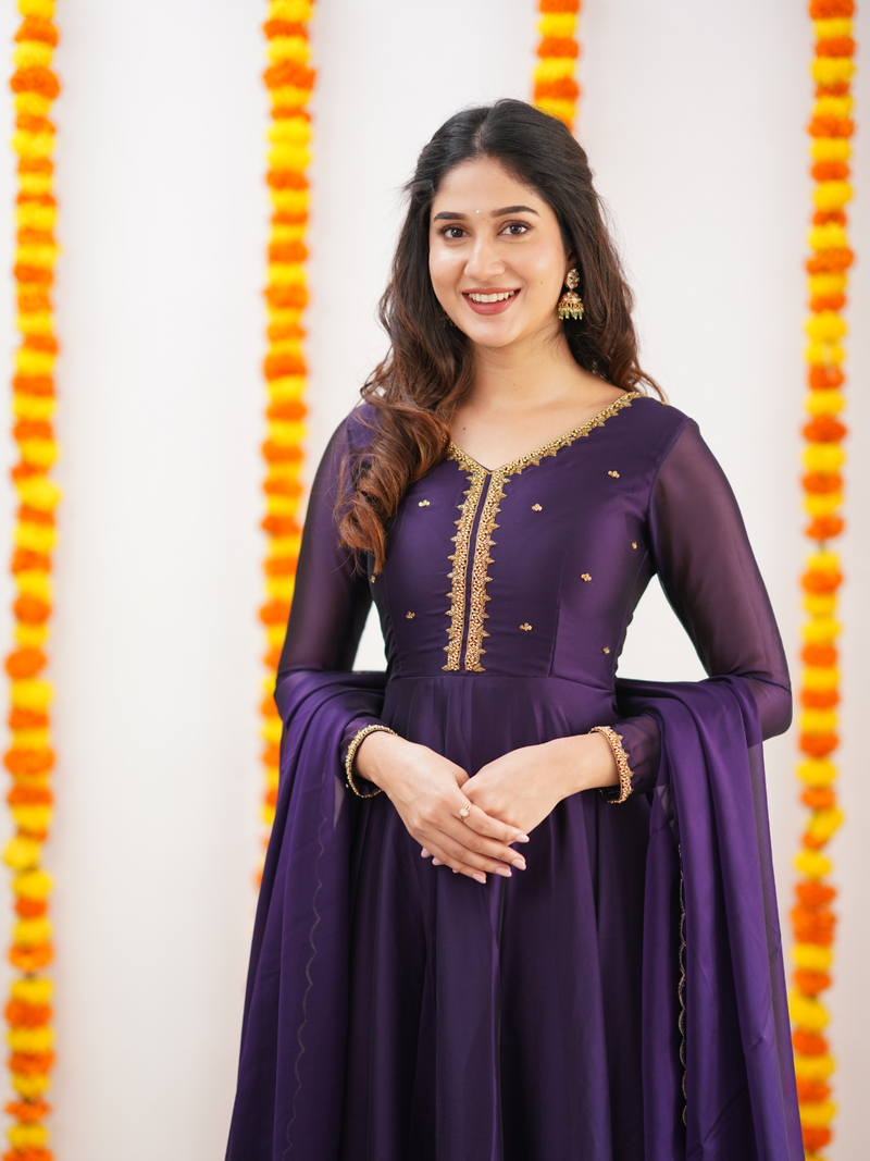 Tiyara – Dark Violet Hand-Embroidered Full Worked Georgette Anarkali with Dupatta