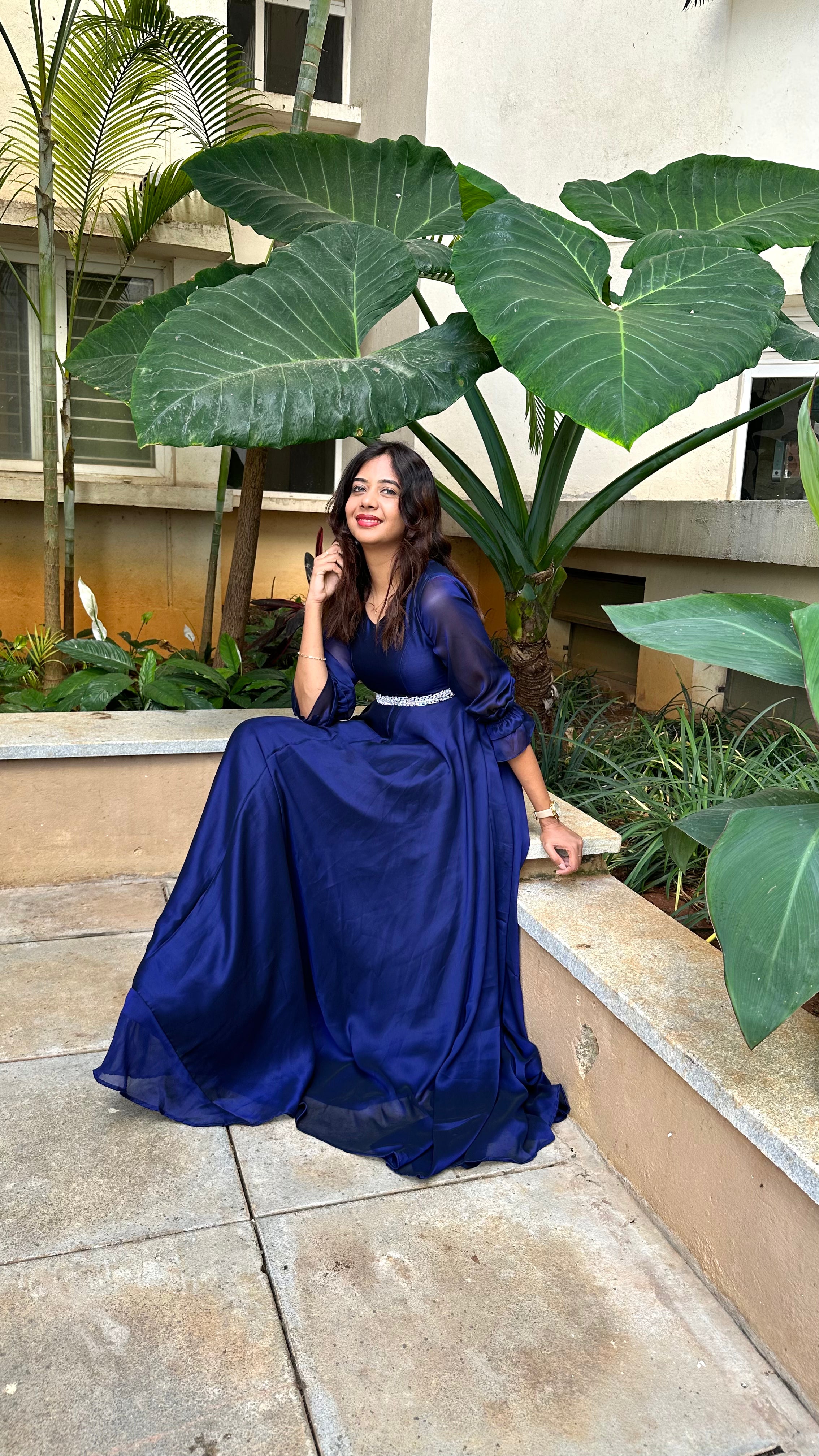 Jashna - Navy blue glassy georgette gown