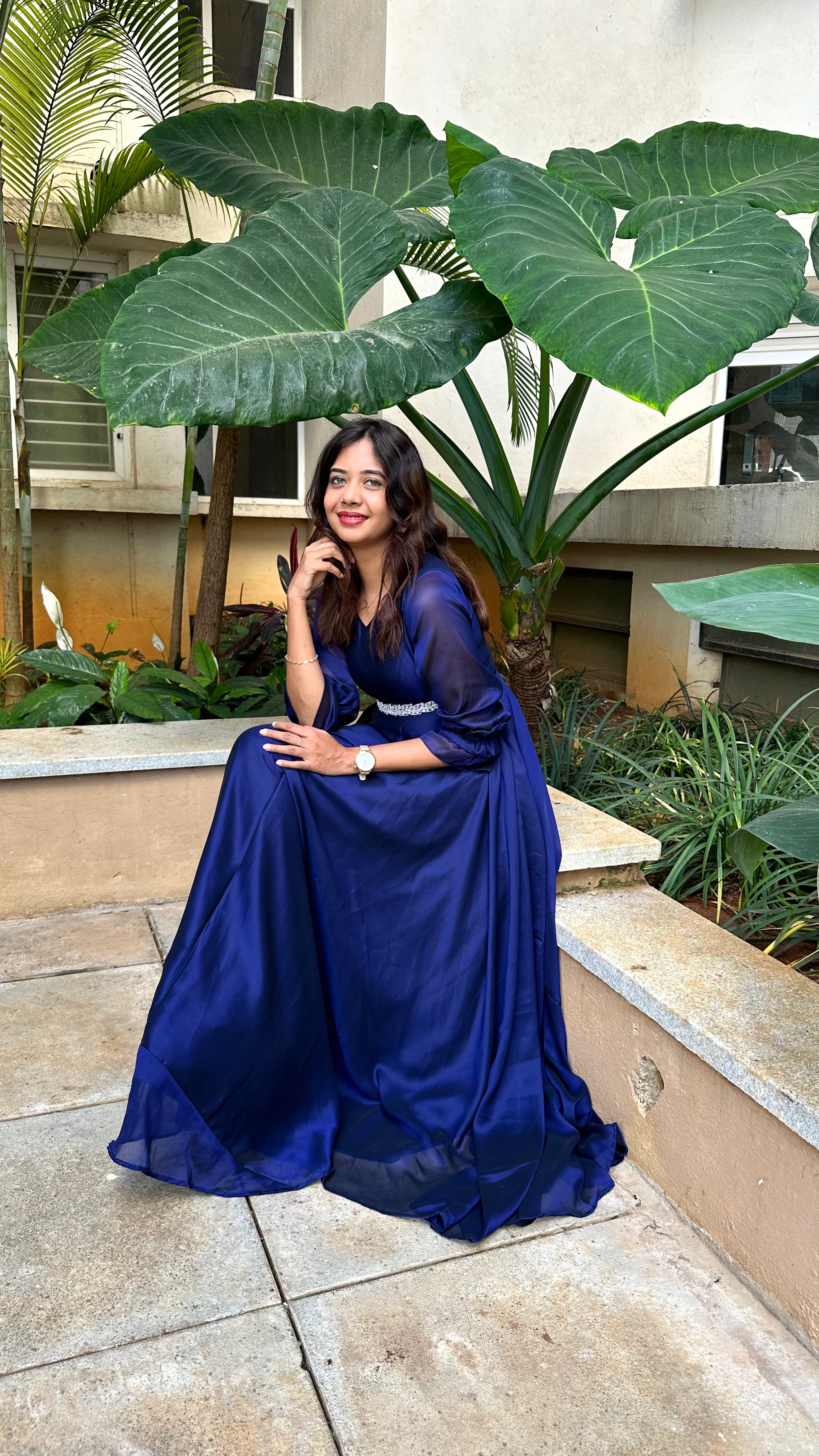 Jashna - Navy blue glassy georgette gown