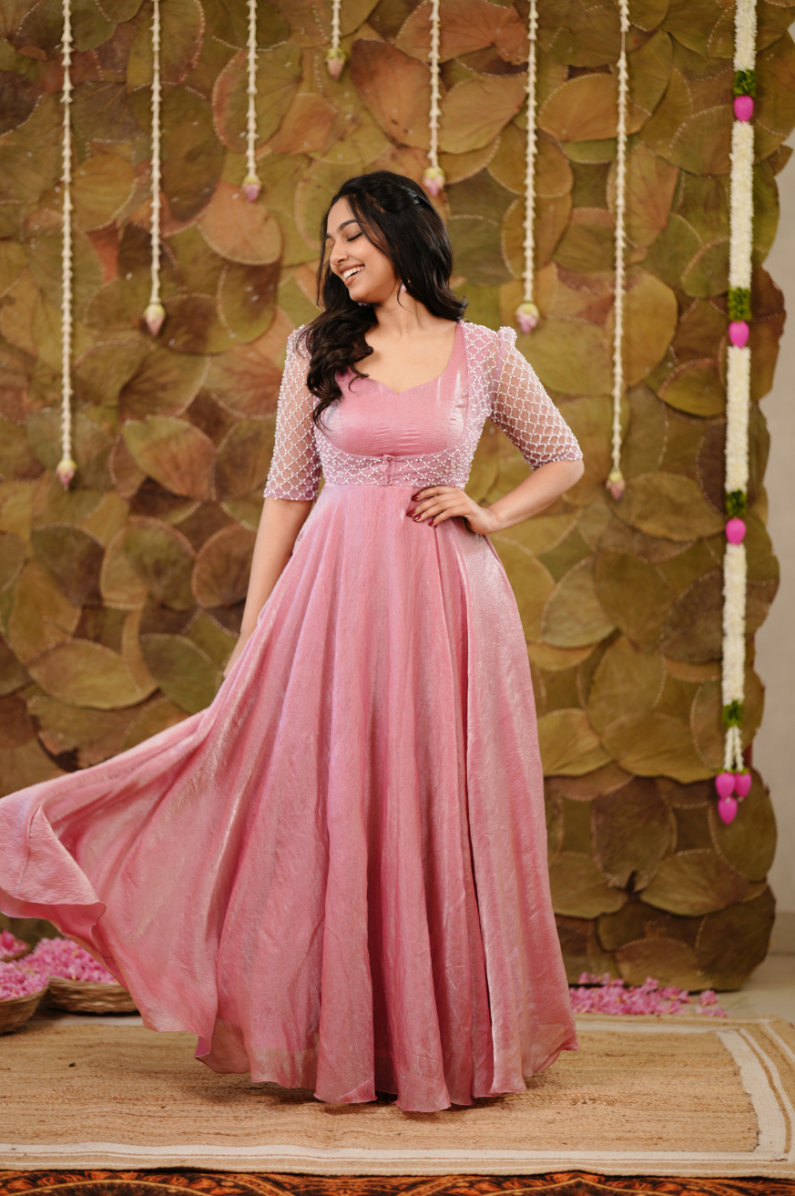 Mira-Pastel Pink Party Wear Gown for Women with Designer Net Jacket