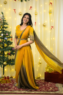 Manjal – Premium Designer Drape Ombre Lehanga | Mustard to Olive Green