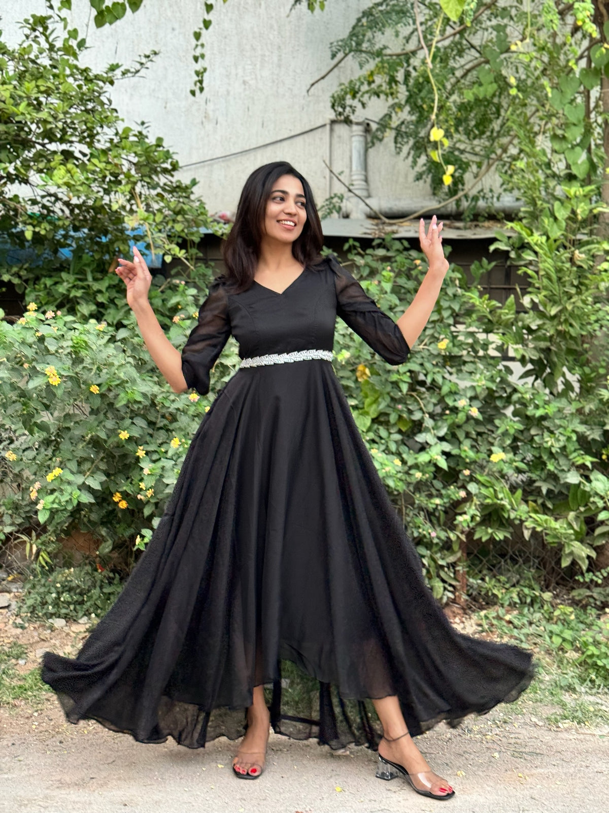 Dipti | Black Party Wear Gown for Women with Aari Belt