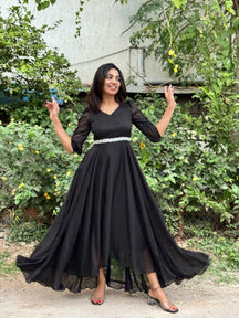 Dipti | Black Party Wear Gown for Women with Aari Belt