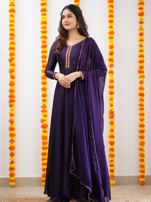 Tiyara – Dark Violet Hand-Embroidered Full Worked Georgette Anarkali with Dupatta