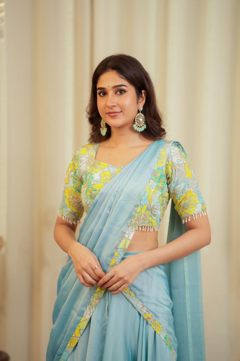 pastel blue premium lehenga online front view