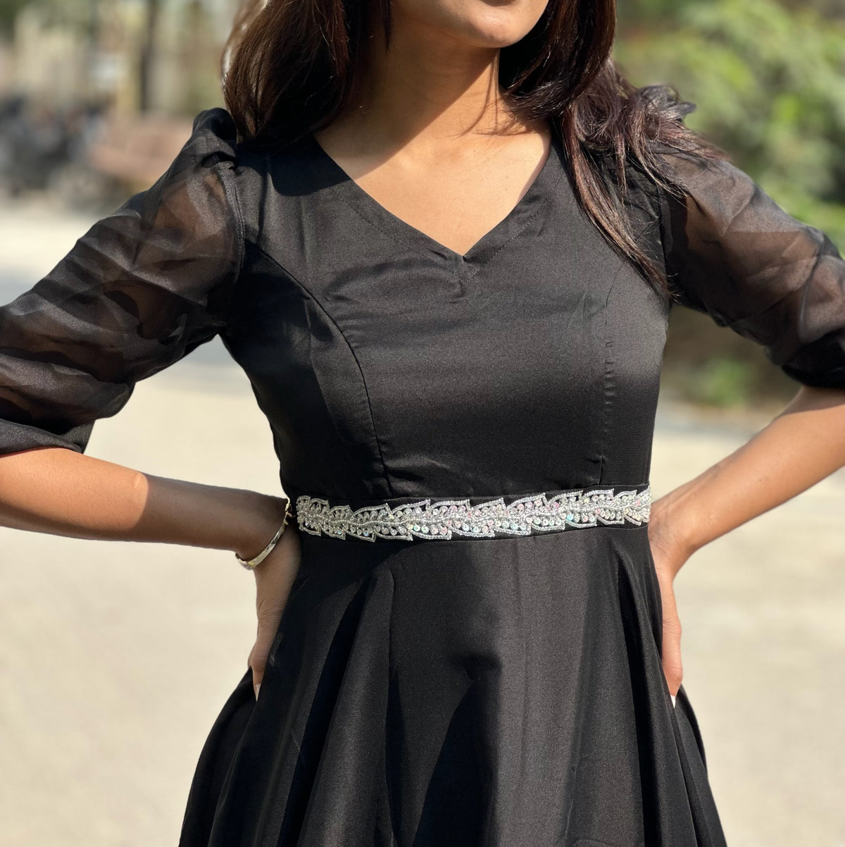 Dipti | Black Party Wear Gown for Women with Aari Belt