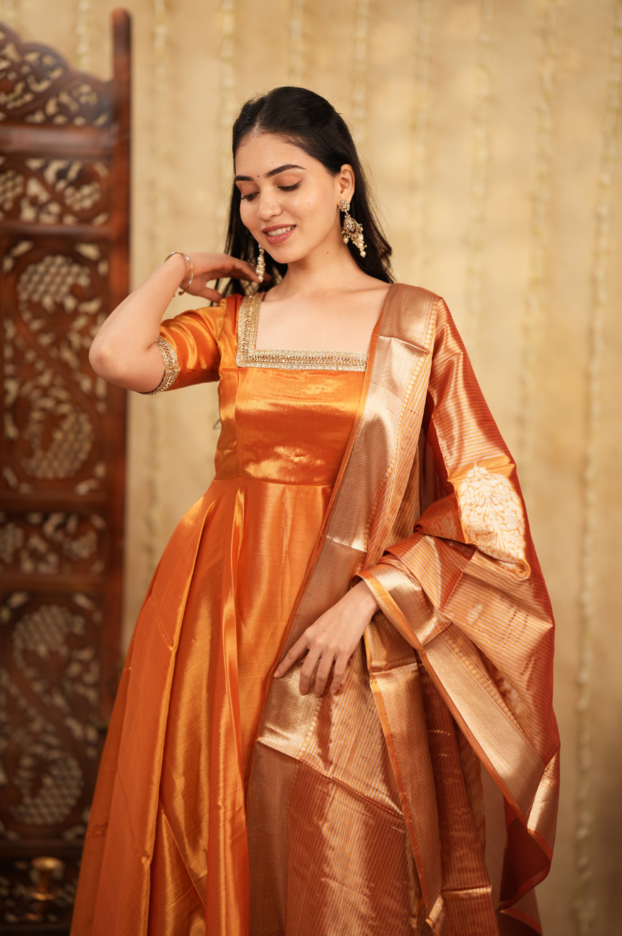 Radha Series 2 – Premium Designer Anarkali Set in Pastel Pink & Gold | Tissue Fabric & Banarasi Dupatta