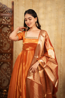 Radha Series 2 – Premium Designer Anarkali Set in Pastel Pink & Gold | Tissue Fabric & Banarasi Dupatta