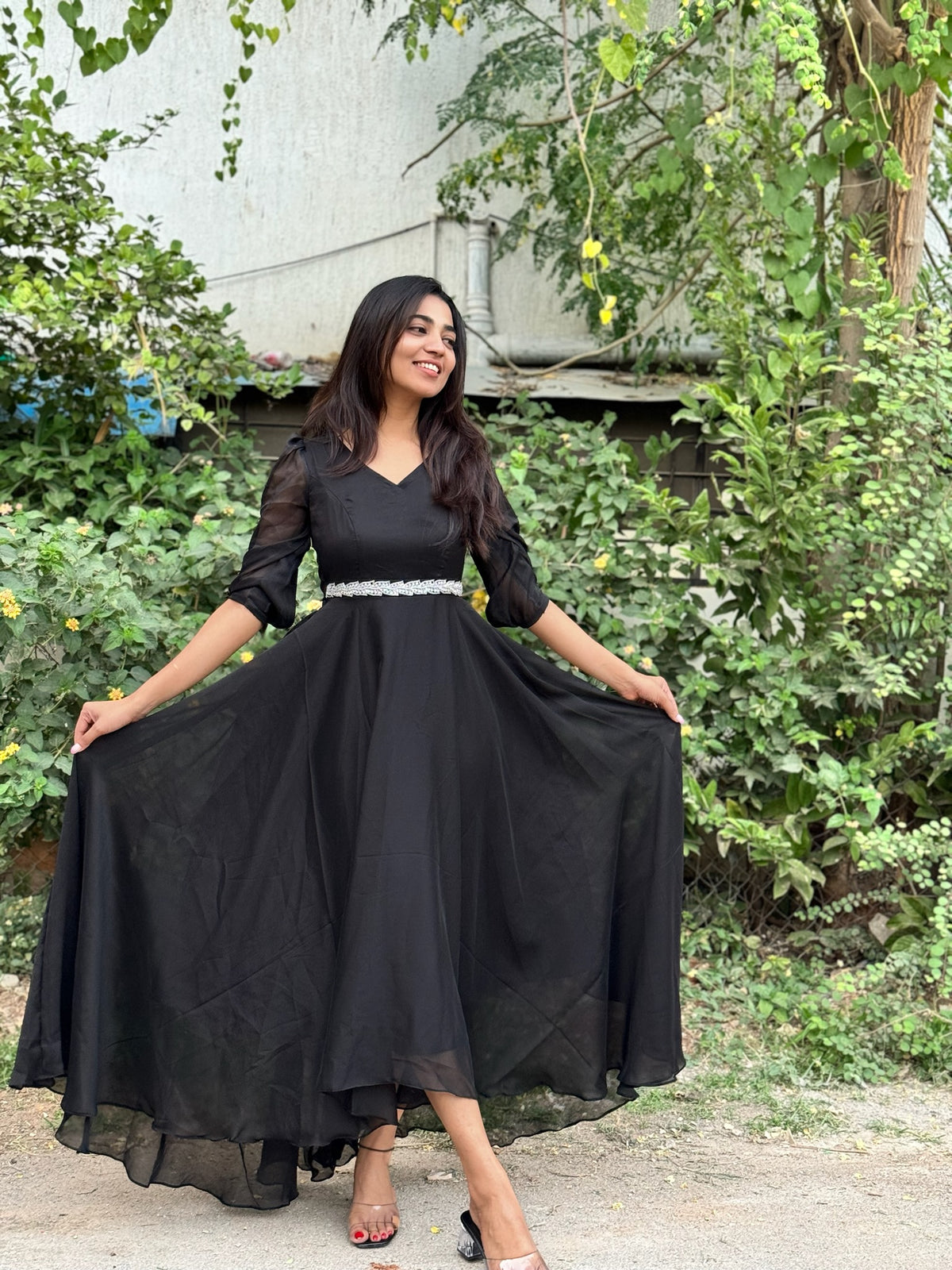 Dipti | Black Party Wear Gown for Women with Aari Belt
