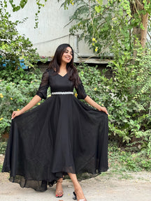Dipti | Black Party Wear Gown for Women with Aari Belt