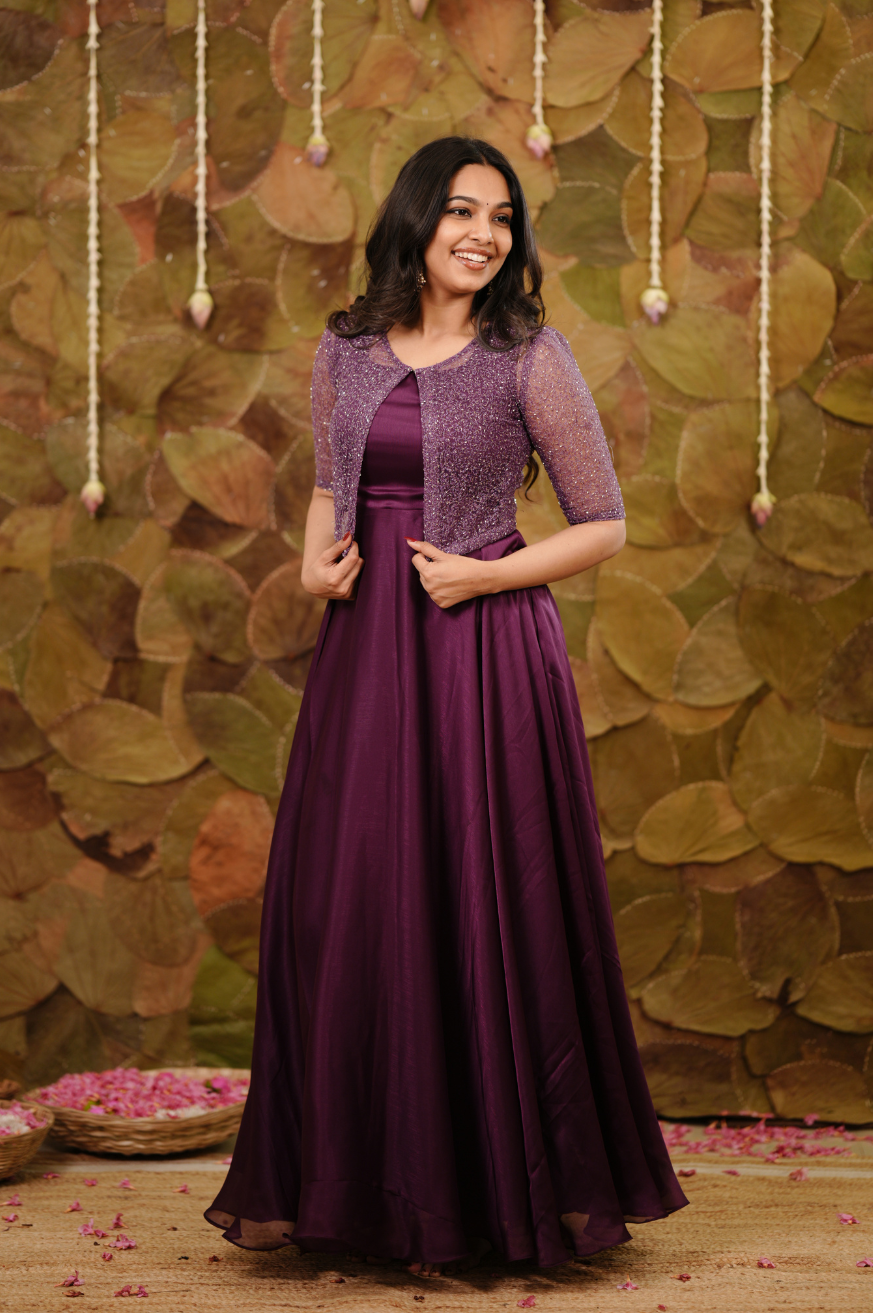 Ria-Wine Party Wear Gown for Women with Designer Jacket