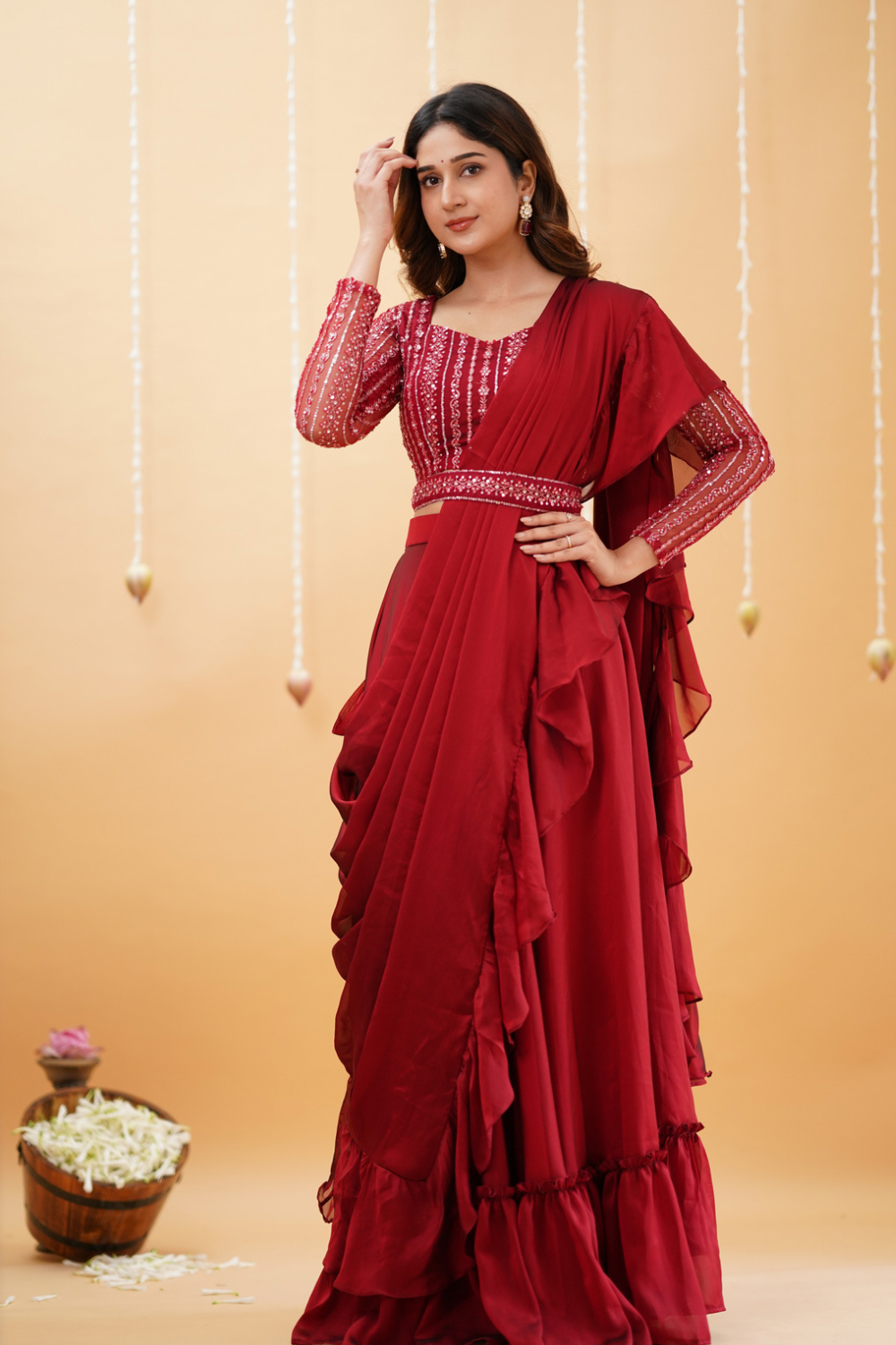 Anamika – Designer Maroon Ruffled Lehenga with Stone-Worked Blouse & Organza Dupatta