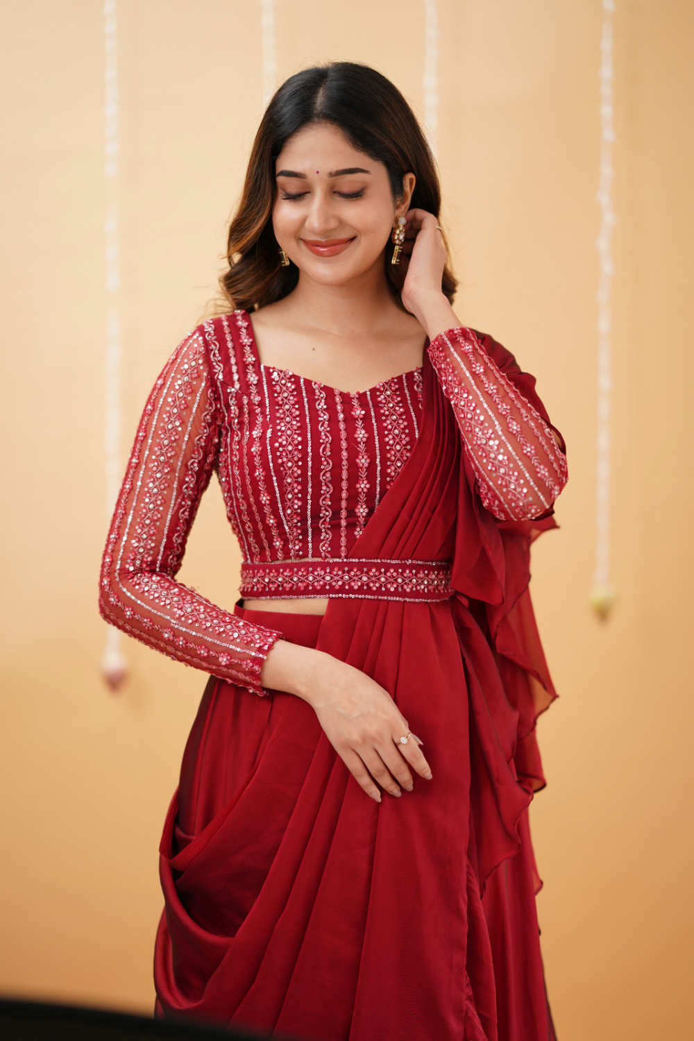 Anamika – Designer Maroon Ruffled Lehenga with Stone-Worked Blouse & Organza Dupatta