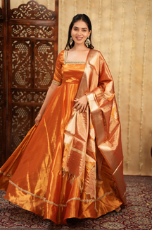 Radha Series 2 – Premium Designer Anarkali Set in Pastel Pink & Gold | Tissue Fabric & Banarasi Dupatta