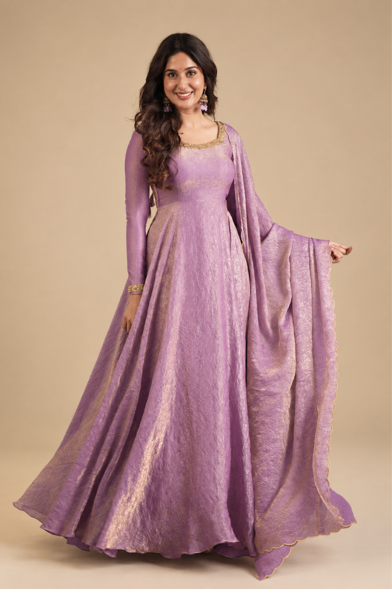 Kanishka – Premium Designer Lavender Crush Silk Festive Anarkali with Scalloped Dupatta