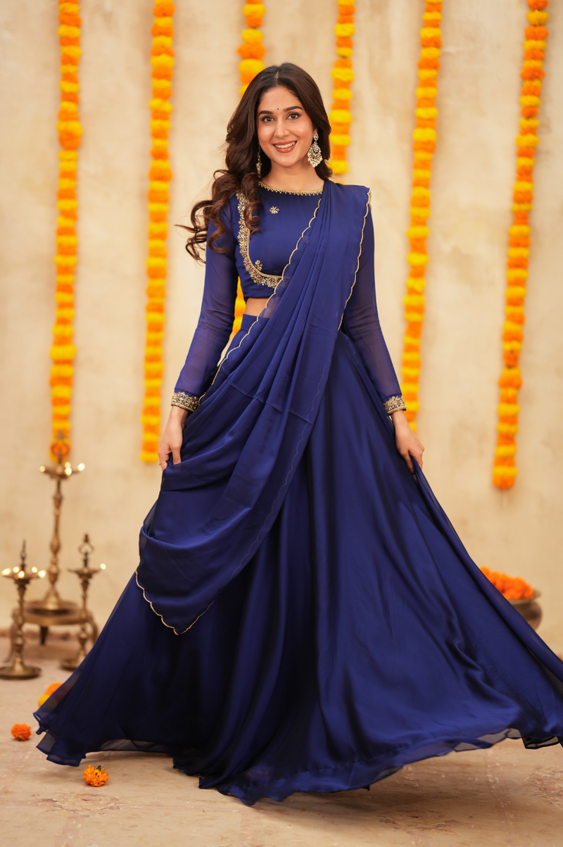 Vishu Collection Navy Blue Designer Lehenga – 3 in 1 Party Wear Outfit