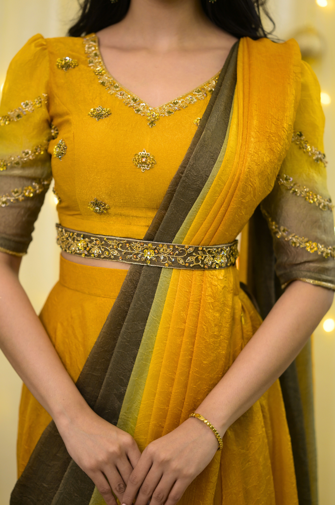 Manjal – Premium Designer Drape Ombre Lehanga | Mustard to Olive Green