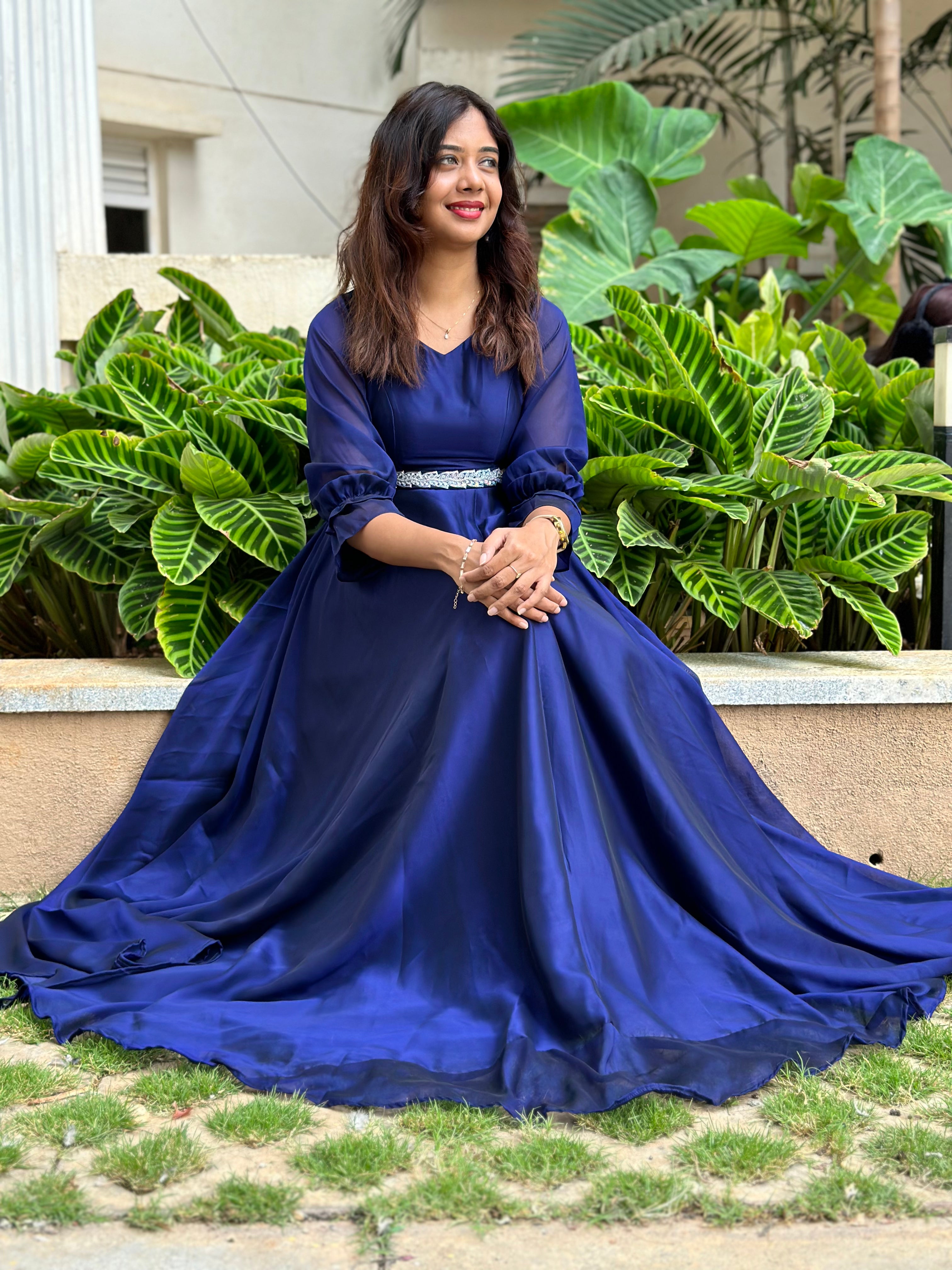 long blue dress with sleeves Wedding Guest Outfit Gown