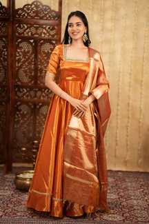 Radha Series 2 – Premium Designer Anarkali Set in Pastel Pink & Gold | Tissue Fabric & Banarasi Dupatta