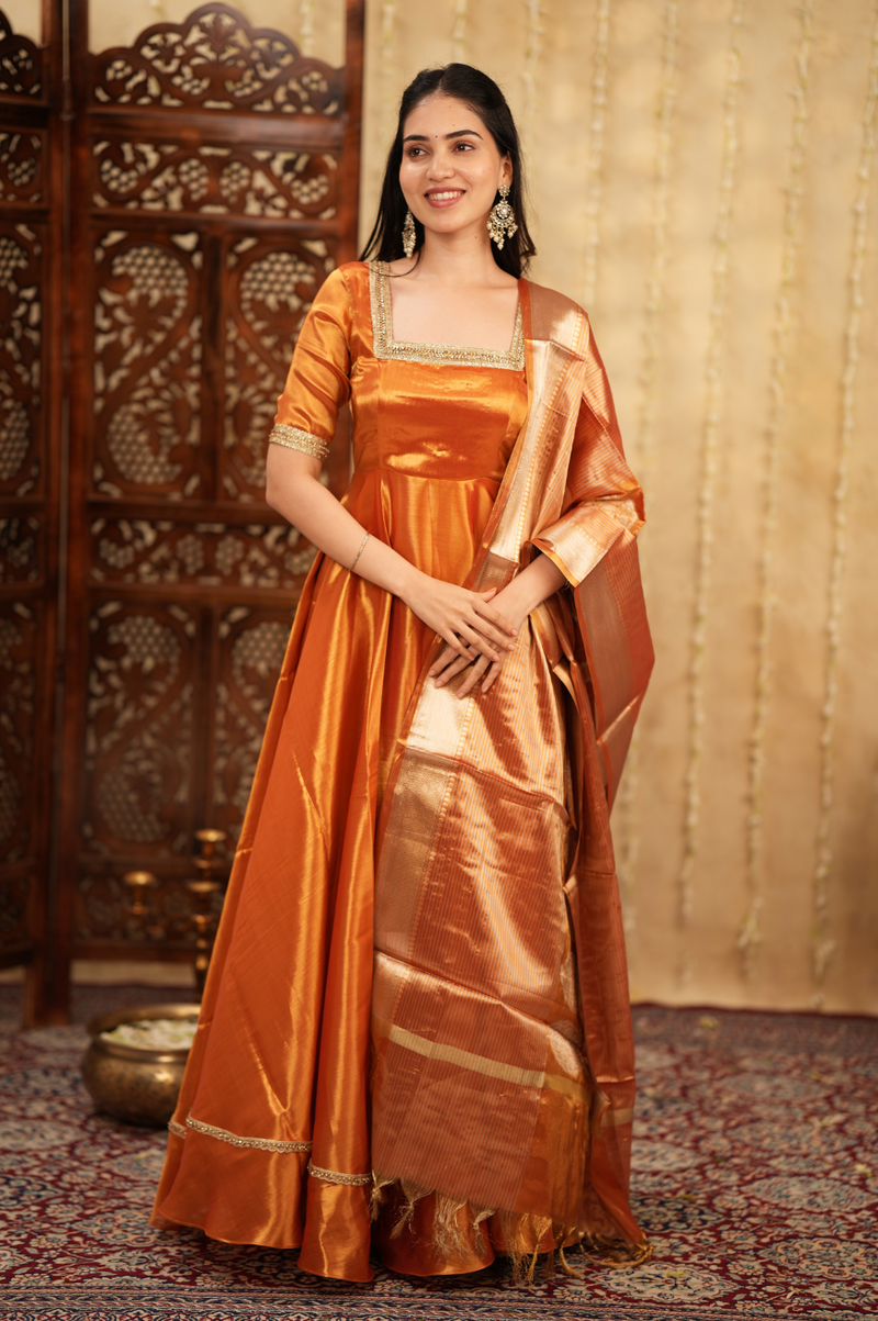 Radha Series 2 – Premium Designer Anarkali Set in Pastel Pink & Gold | Tissue Fabric & Banarasi Dupatta