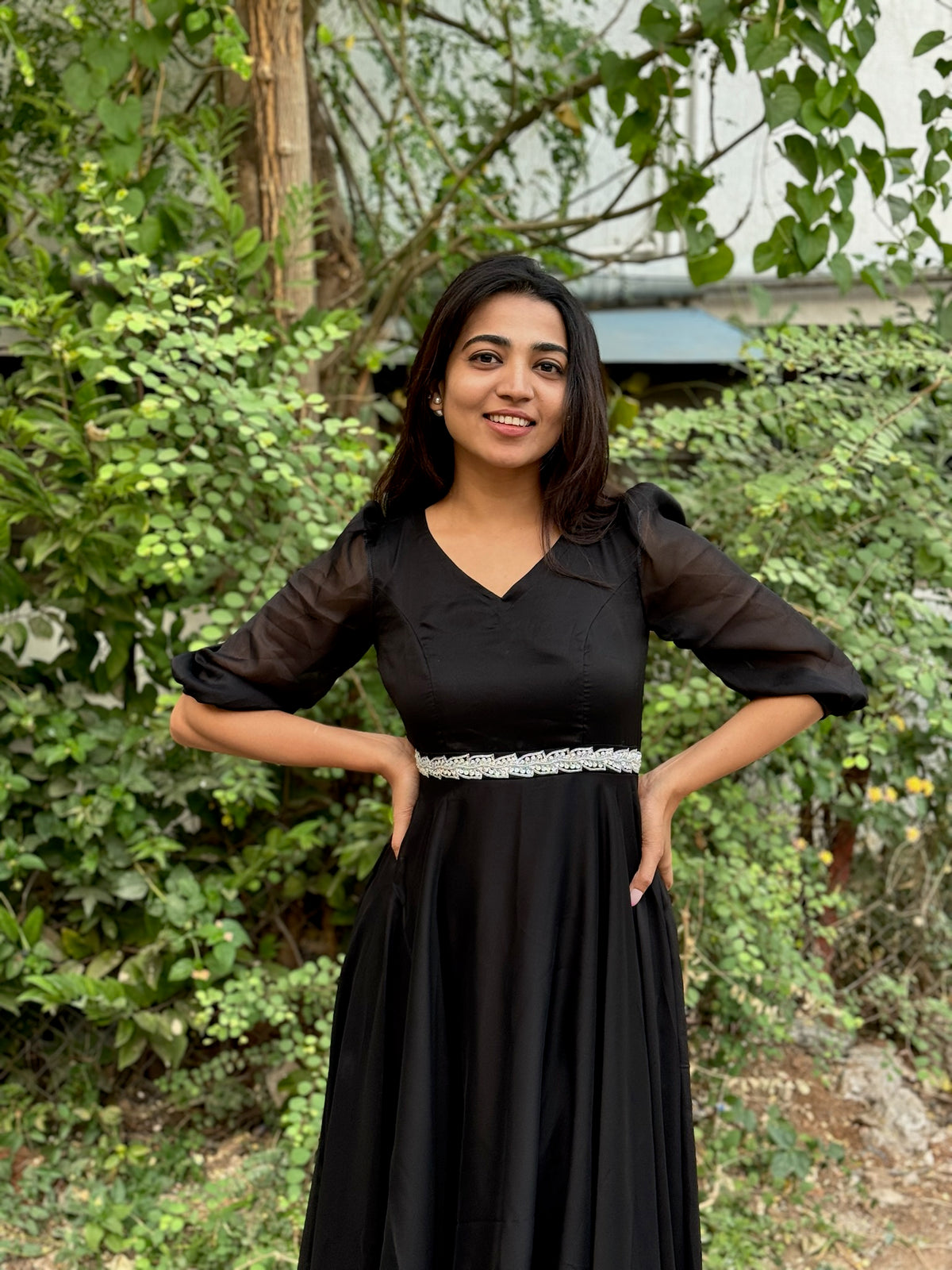 Dipti | Black Party Wear Gown for Women with Aari Belt