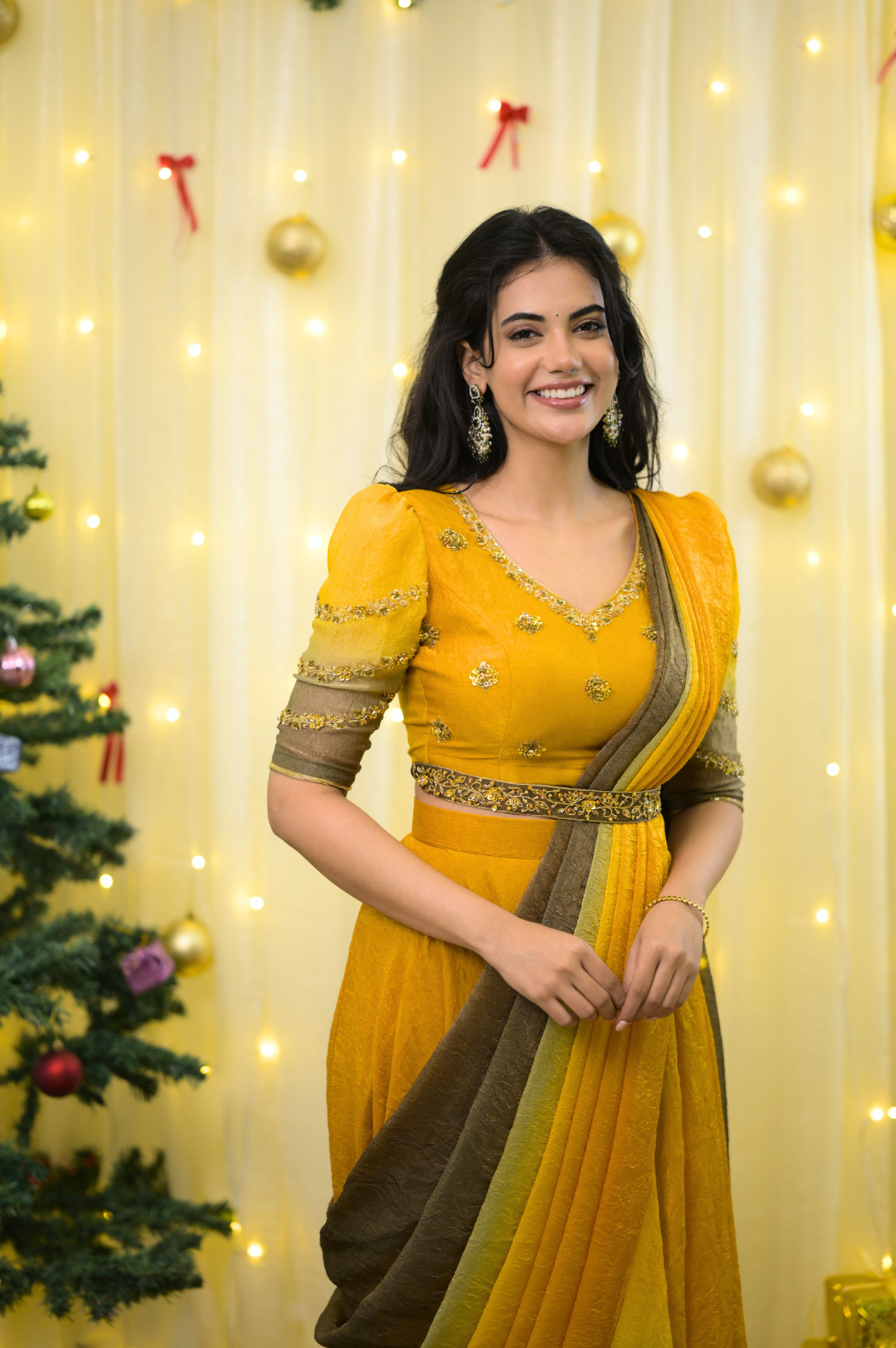 Manjal – Premium Designer Drape Ombre Lehanga | Mustard to Olive Green