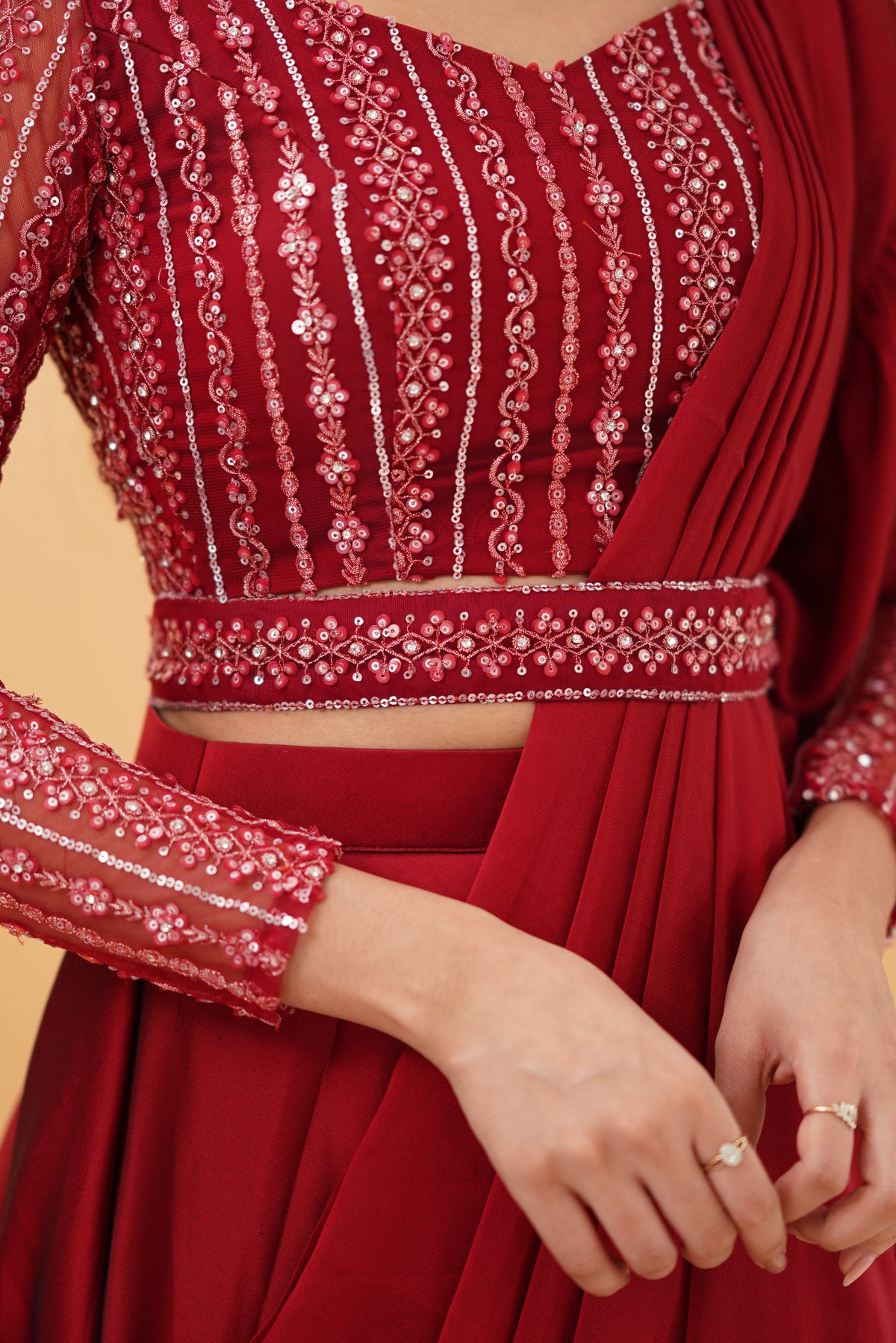 Anamika – Designer Maroon Ruffled Lehenga with Stone-Worked Blouse & Organza Dupatta