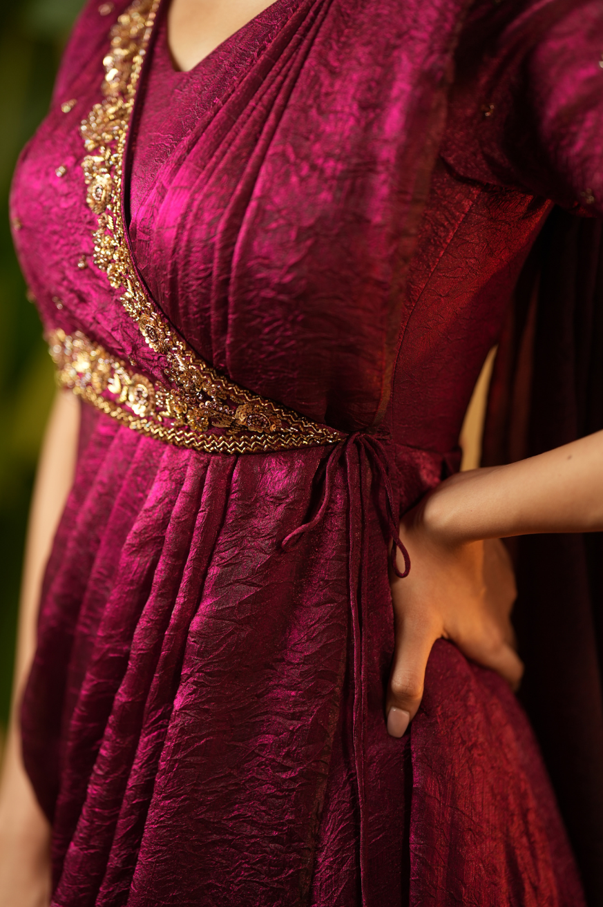 Meena – Premium Hand-Worked Designer Drape Anarkali in Burgundy
